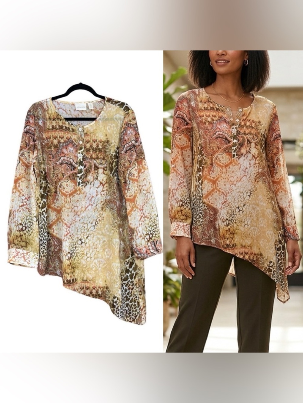 Chico's Womens Blouse Tunic Top Size 2 Large Sheer Asymmetrical Paisley Brown